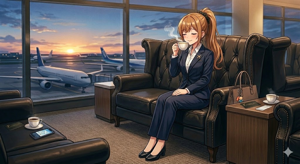 ラウンジでゆっくりとコーヒーをのむさくら