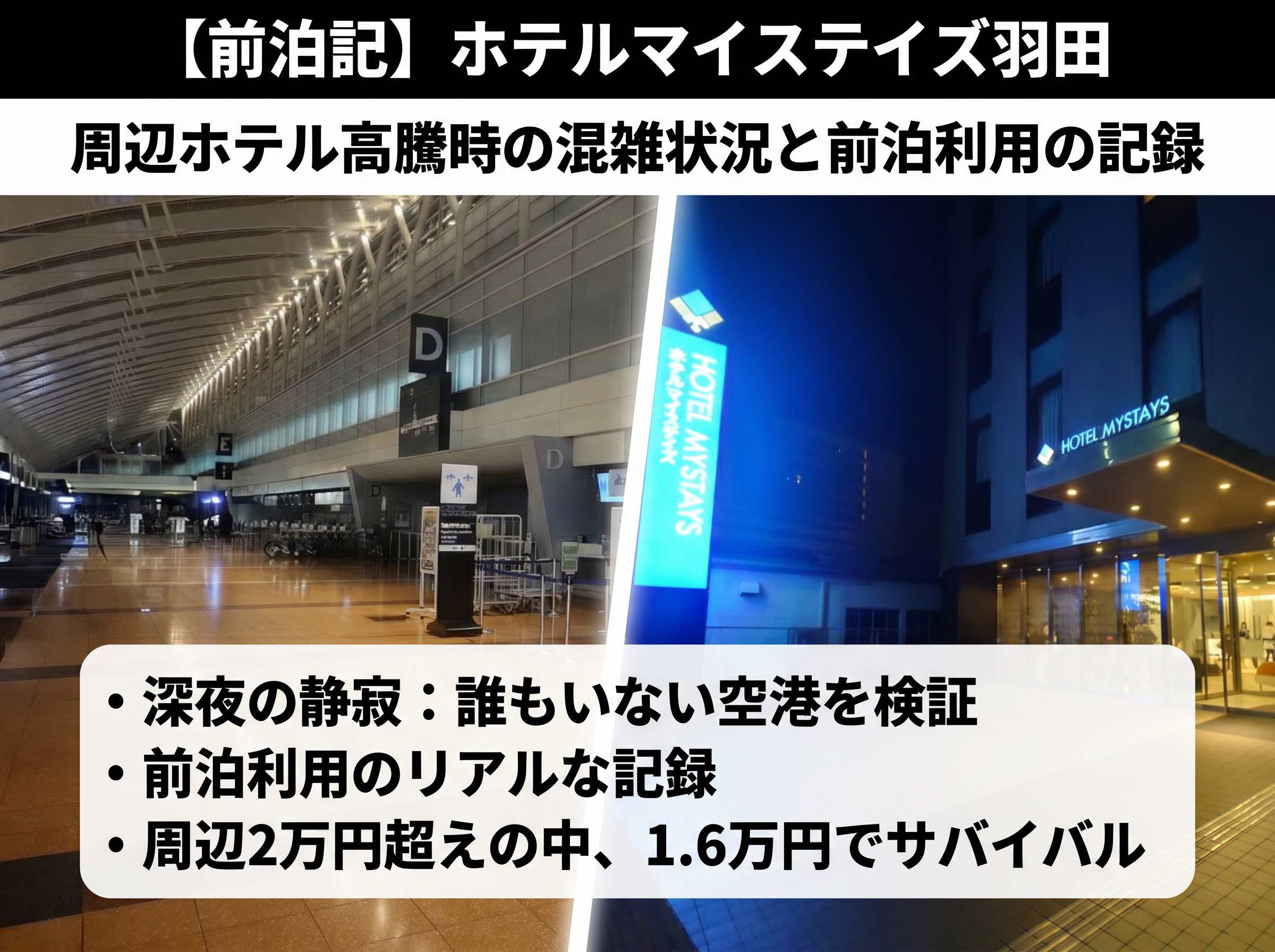 深夜で誰もいない羽田空港第2ターミナル出発フロアと、ホテルマイステイズ羽田の外観。周辺ホテル高騰時のトランジット・前泊利用レポートのアイキャッチ画像。